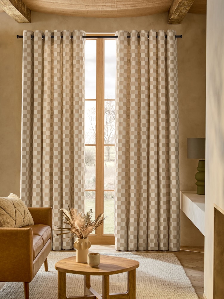Natural Woven Checkerboard Eyelet Lined Curtain - Image 1 of 5