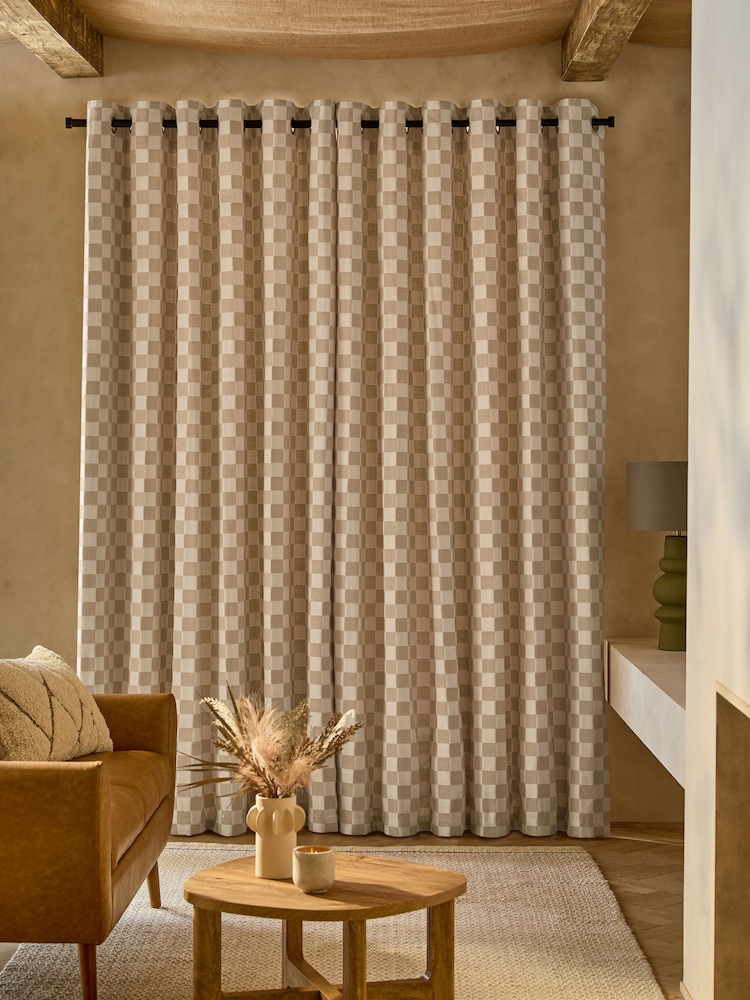 Natural Woven Checkerboard Eyelet Lined Curtain - Image 2 of 5