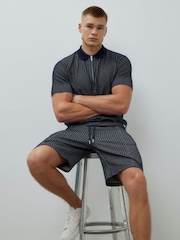 River Island Blue Slim Fit Jacquard Zip Polo Shirt - Image 1 of 4