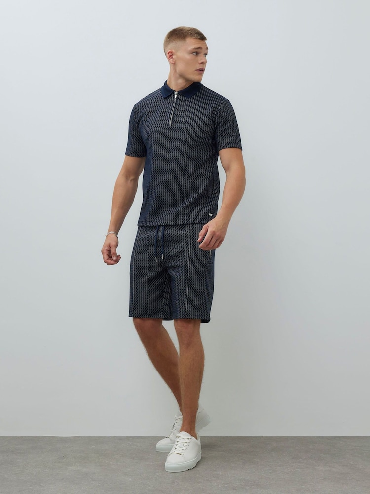 River Island Blue Slim Fit Jacquard Zip Polo Shirt - Image 2 of 4 River Island Blue Slim Fit Jacquard Zip Polo Shirt - Image 2 of 4