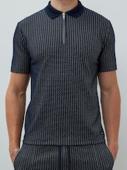 River Island Blue Slim Fit Jacquard Zip Polo Shirt - Image 4 of 4