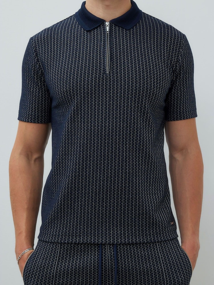 River Island Blue Slim Fit Jacquard Zip Polo Shirt - Image 4 of 4 River Island Blue Slim Fit Jacquard Zip Polo Shirt - Image 4 of 4