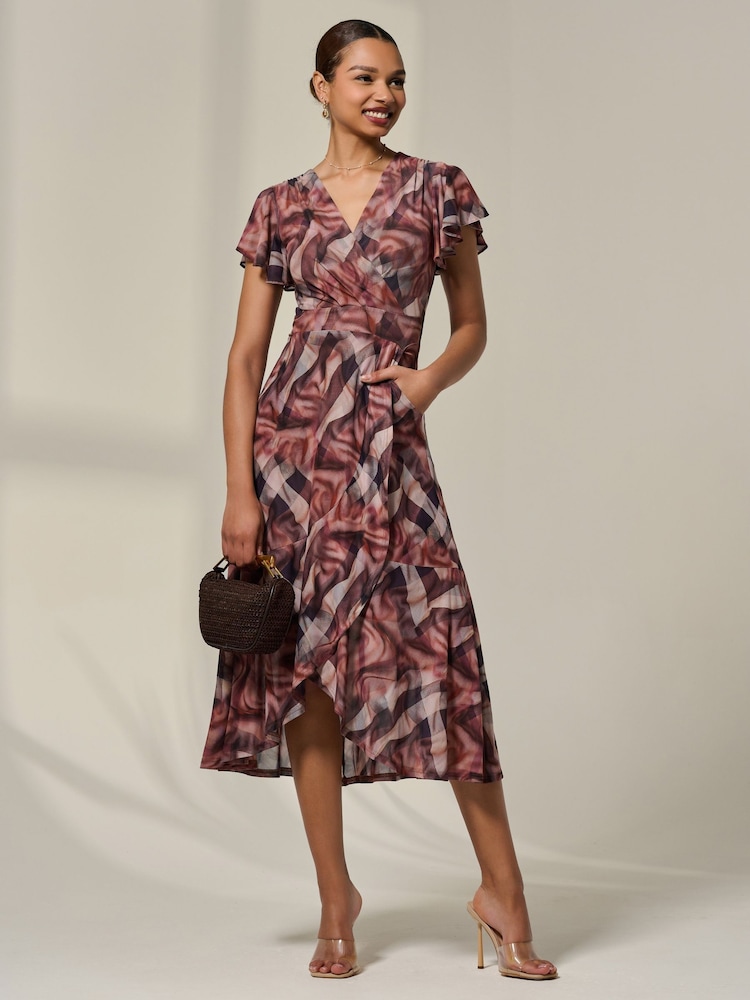 Jolie Moi Brown Petite Mesh Short Sleeve Wrap Midaxi Dress - Image 1 of 6