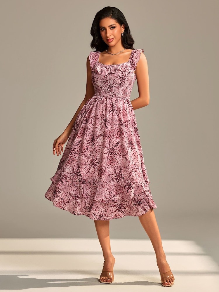 Rosa - Jolie Moi Shirred Ruffle Sleeve Tiered Midi Dress - Imagem 1 de 6