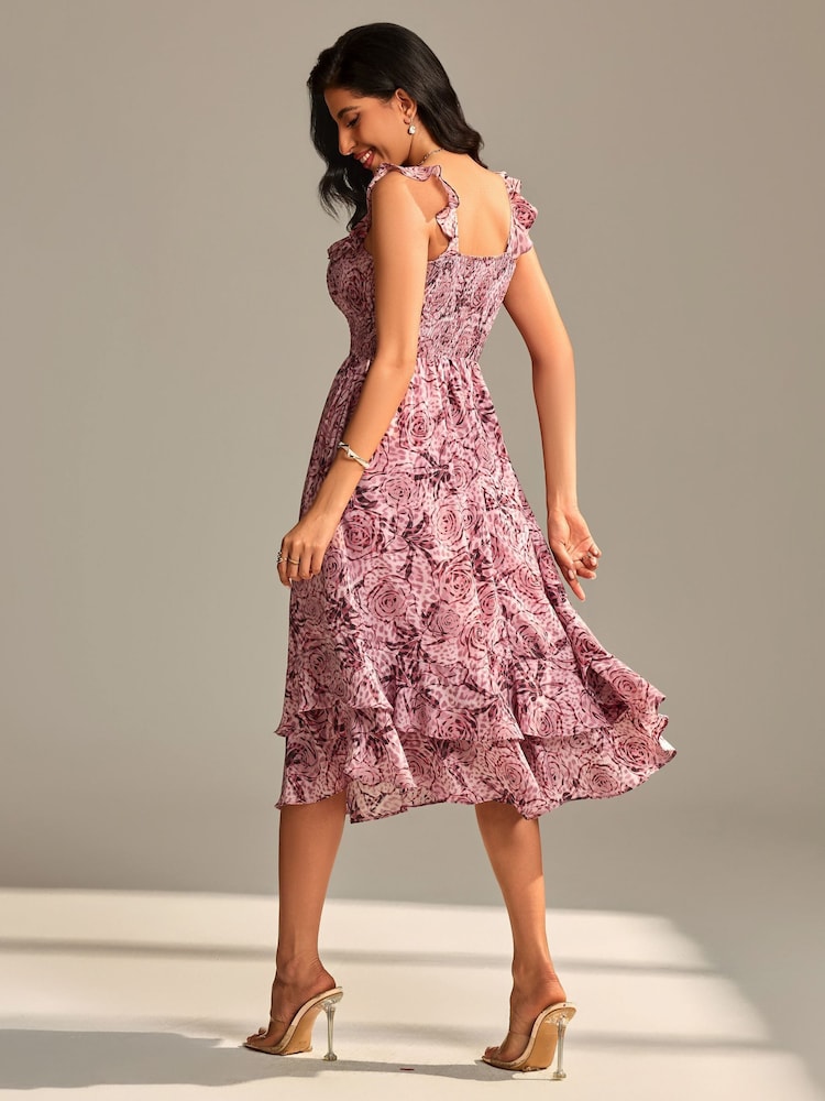 Rosa - Jolie Moi Shirred Ruffle Sleeve Tiered Midi Dress - Imagem 2 de 6