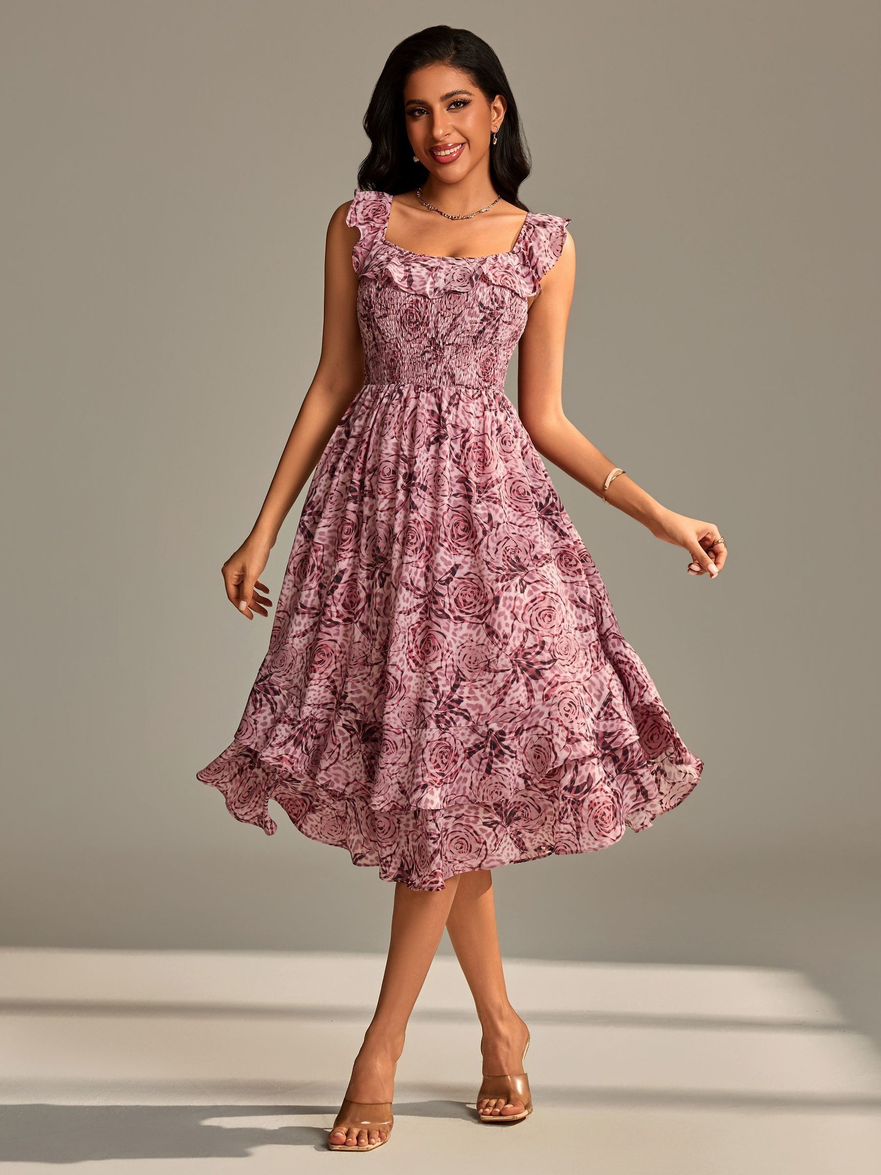 Buy Jolie Moi Pink Shirred Ruffle Sleeve Tiered Midi Dress from