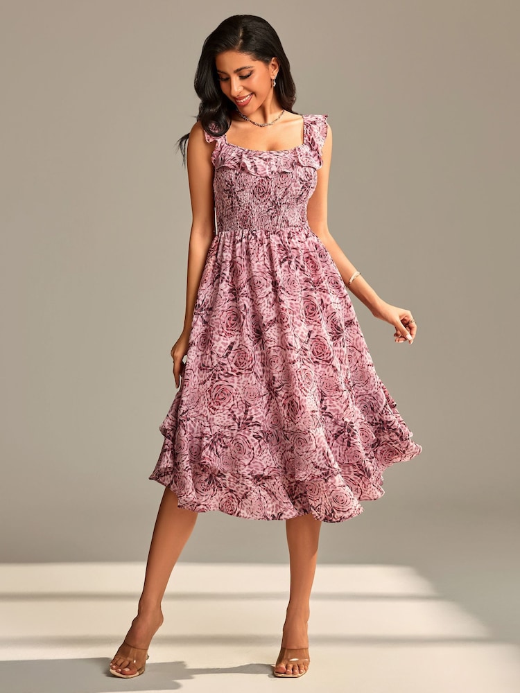 Rosa - Jolie Moi Shirred Ruffle Sleeve Tiered Midi Dress - Imagem 6 de 6