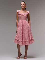 Jolie Moi Red Ruffle Shirred Woven Midi Dress - Image 1 of 6