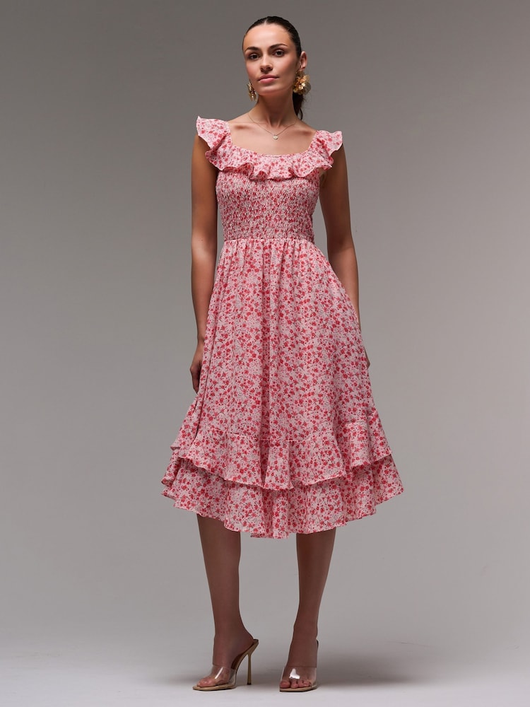 Jolie Moi Red Ruffle Shirred Woven Midi Dress - Image 1 of 6