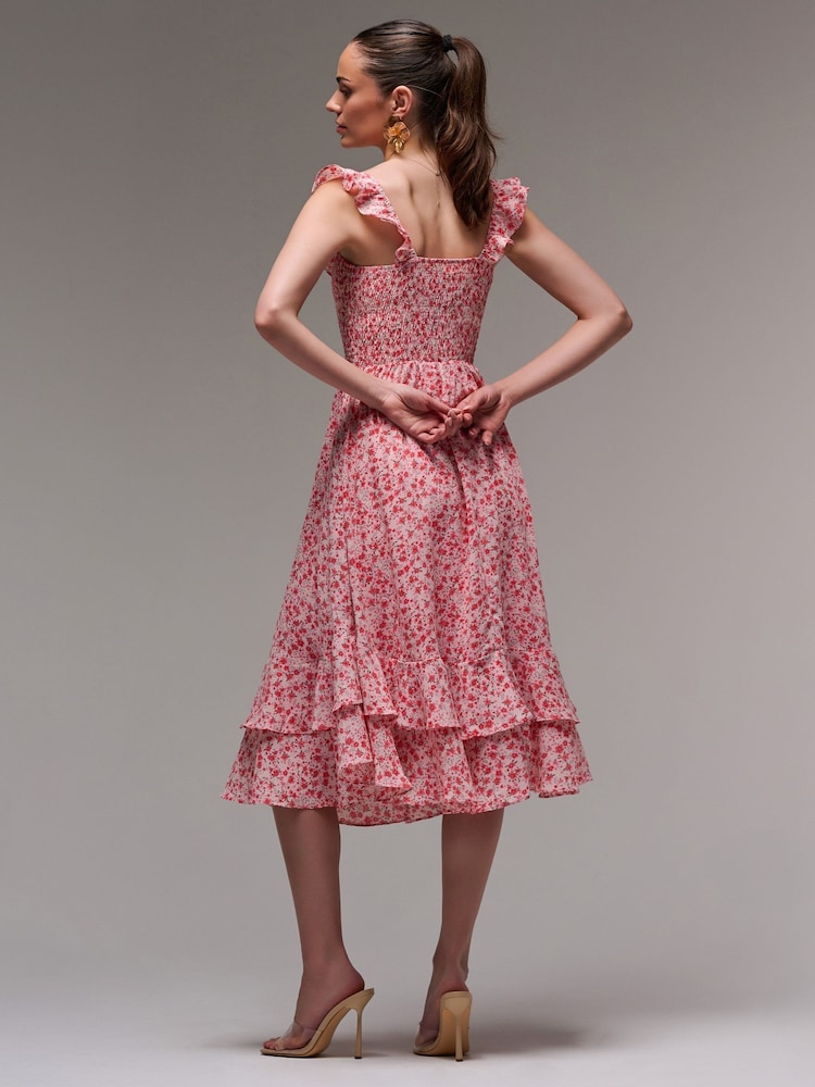 Jolie Moi Red Ruffle Shirred Woven Midi Dress - Image 2 of 6