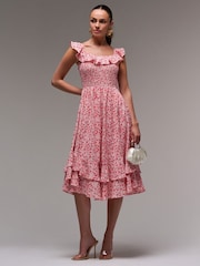 Jolie Moi Red Ruffle Shirred Woven Midi Dress - Image 4 of 6