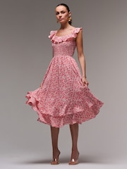 Jolie Moi Red Ruffle Shirred Woven Midi Dress - Image 5 of 6