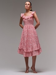 Jolie Moi Red Ruffle Shirred Woven Midi Dress - Image 6 of 6