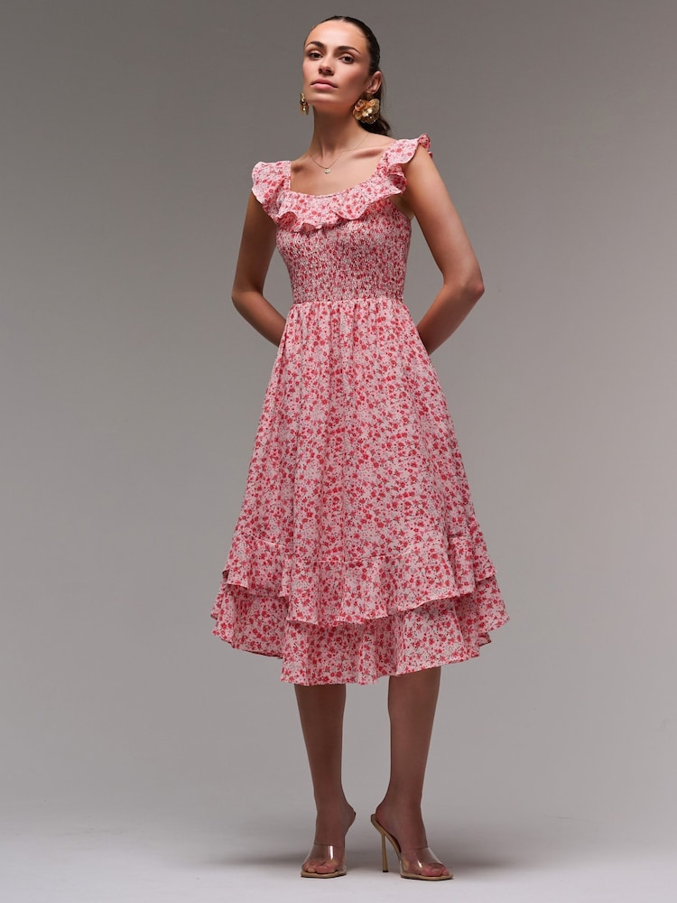 Jolie Moi Red Ruffle Shirred Woven Midi Dress - Image 6 of 6