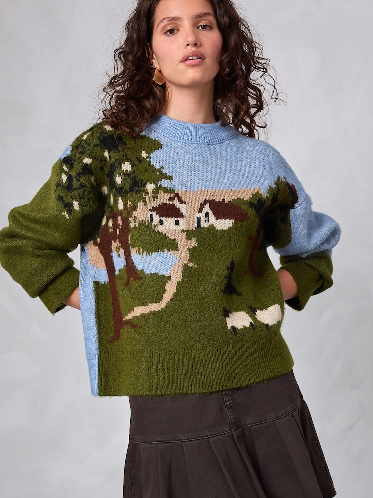 Green Multi Landscape Scene Print Crew Neck Jumper - Image 2 of 7