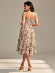 Jolie Moi Brown Shirred Ruffle Sleeve Tiered Midi Dress - Image 2 of 6