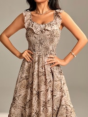 Jolie Moi Brown Shirred Ruffle Sleeve Tiered Midi Dress - Image 3 of 6