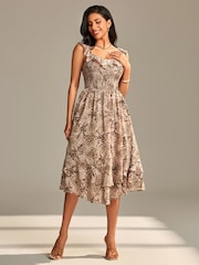 Jolie Moi Brown Shirred Ruffle Sleeve Tiered Midi Dress - Image 4 of 6