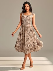 Jolie Moi Brown Shirred Ruffle Sleeve Tiered Midi Dress - Image 5 of 6