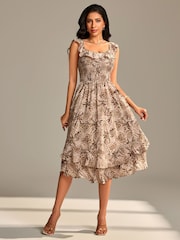 Jolie Moi Brown Shirred Ruffle Sleeve Tiered Midi Dress - Image 6 of 6