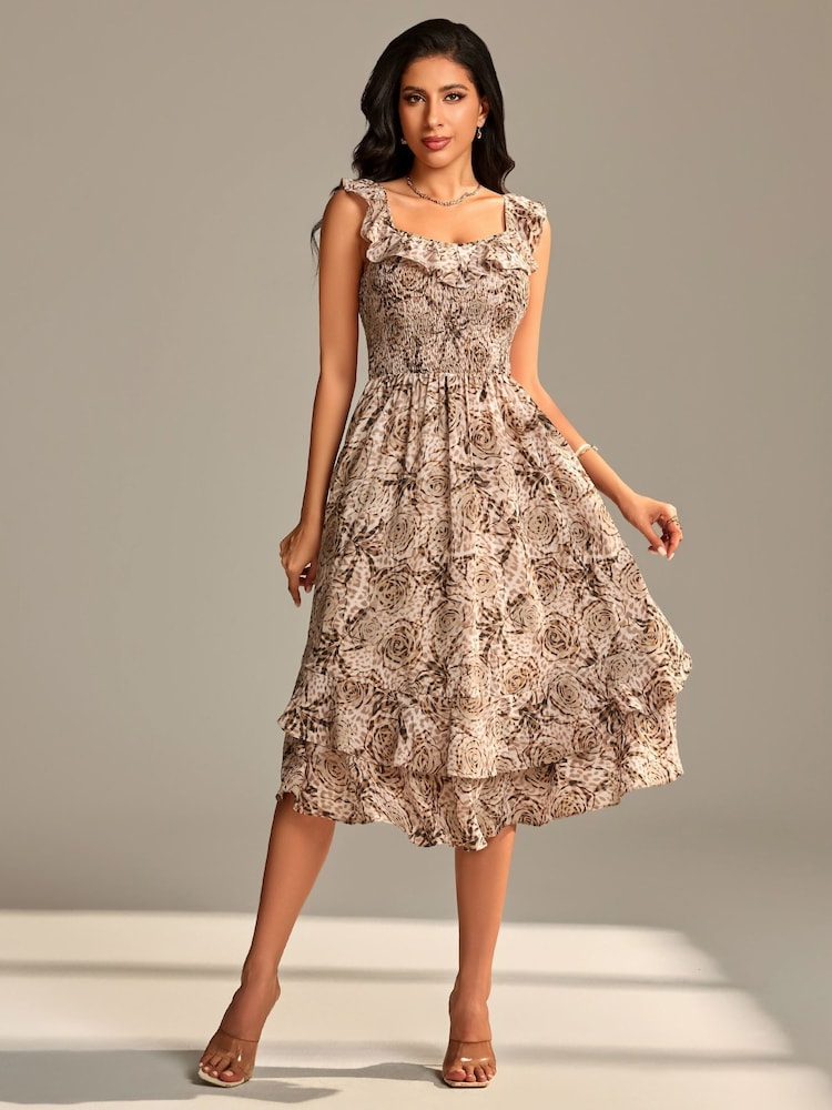 Jolie Moi Brown Shirred Ruffle Sleeve Tiered Midi Dress - Image 6 of 6