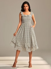 Jolie Moi Vestido midi com babados e manga franzida em camadas - Imagem 1 de 6