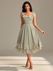 Jolie Moi Green Shirred Ruffle Sleeve Tiered Midi Dress - Image 1 of 6