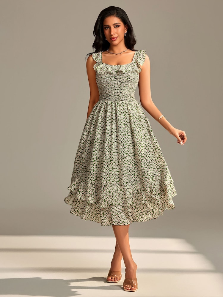 Jolie Moi Green Shirred Ruffle Sleeve Tiered Midi Dress - Image 1 of 6