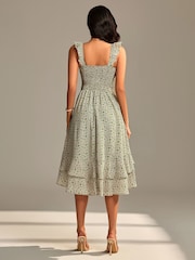 Jolie Moi Green Shirred Ruffle Sleeve Tiered Midi Dress - Image 2 of 6