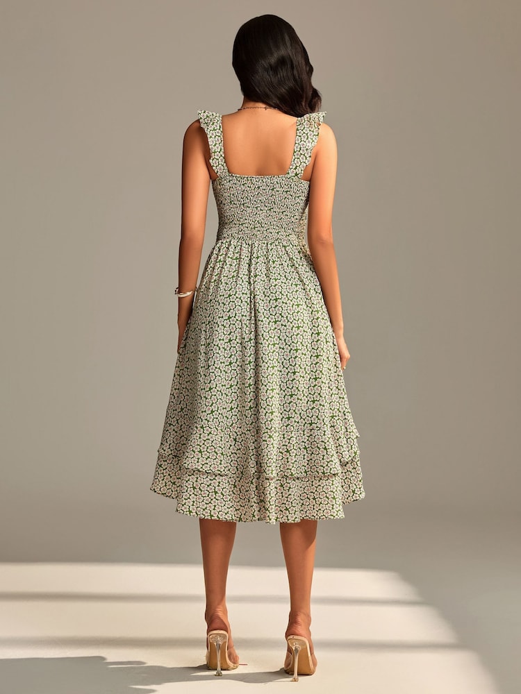 Jolie Moi Green Shirred Ruffle Sleeve Tiered Midi Dress - Image 2 of 6