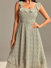 Jolie Moi Green Shirred Ruffle Sleeve Tiered Midi Dress - Image 3 of 6
