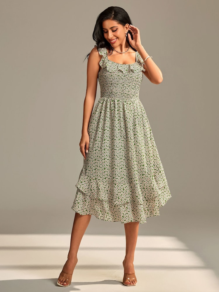 Buy Jolie Moi Green Shirred Ruffle Sleeve Tiered Midi Dress from Next USA