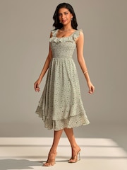 Jolie Moi Green Shirred Ruffle Sleeve Tiered Midi Dress - Image 5 of 6