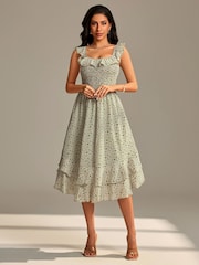 Jolie Moi Green Shirred Ruffle Sleeve Tiered Midi Dress - Image 6 of 6