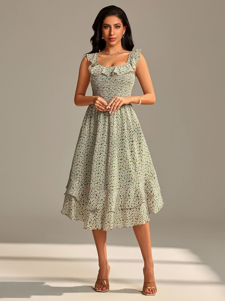 Jolie Moi Green Shirred Ruffle Sleeve Tiered Midi Dress - Image 6 of 6