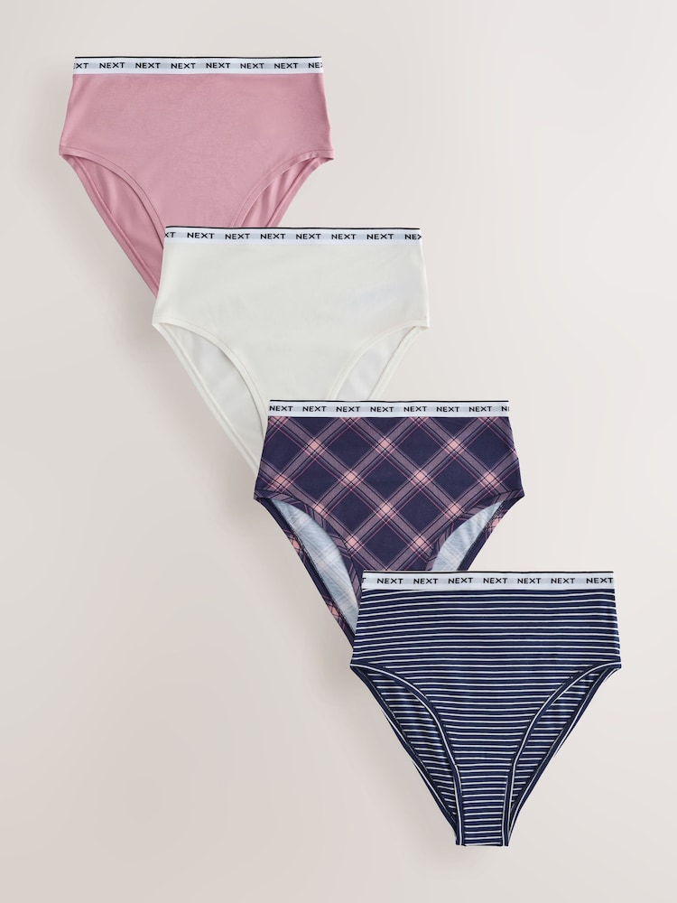 Navy/Pink Check High Waist High Leg Cotton Modal Logo Knickers 4 Pack - Image 1 of 7 Navy/Pink Check High Waist High Leg Cotton Modal Logo Knickers 4 Pack - Image 1 of 7