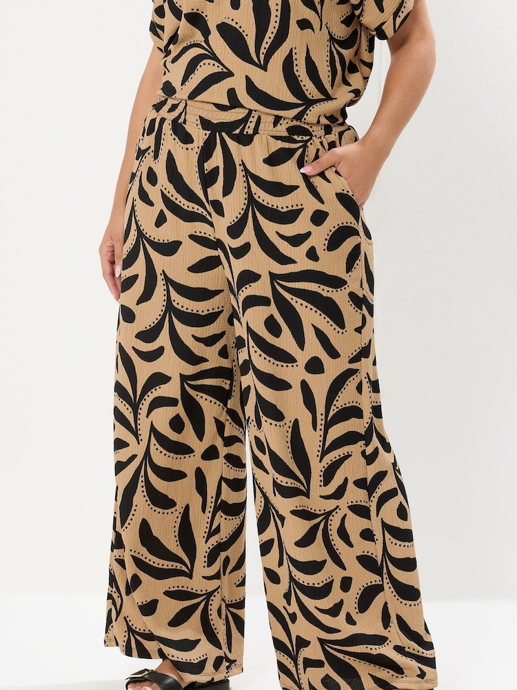 Yours Curve Natural Crinkle Wide Leg Trousers - Image 1 of 5