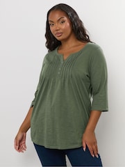 Yours Curve Green Pintuck Henley Top - Image 1 of 5
