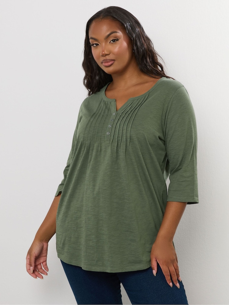 Yours Curve Green Pintuck Henley Top - Image 1 of 5