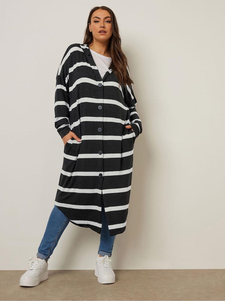 Yours Curve Black Longline Hooded Stripe Cardigan - Image 1 of 5
