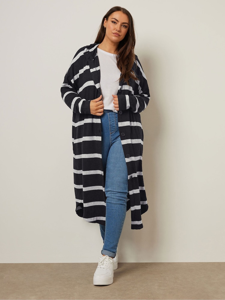 Yours Curve Black Longline Hooded Stripe Cardigan - Image 2 of 5