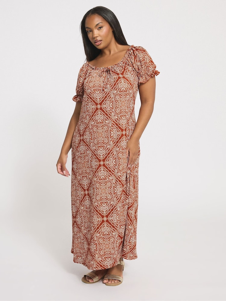 Yours Curve Brown Textured Milkmaid Dress - Image 1 of 4