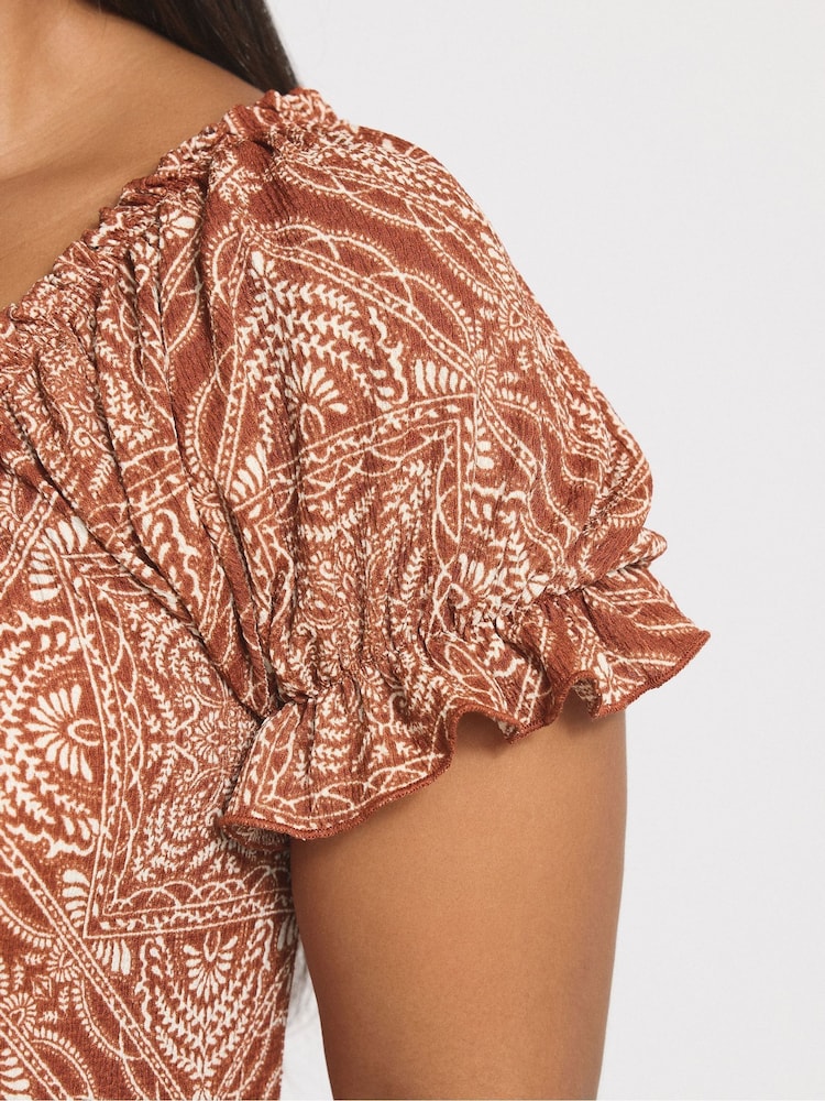 Yours Curve Brown Textured Milkmaid Dress - Image 2 of 4