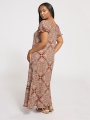 Yours Curve Brown Textured Milkmaid Dress - Image 3 of 4
