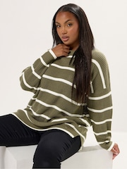 Yours Curve Green Drop Shoulder Stripe Jumper - Image 1 of 5