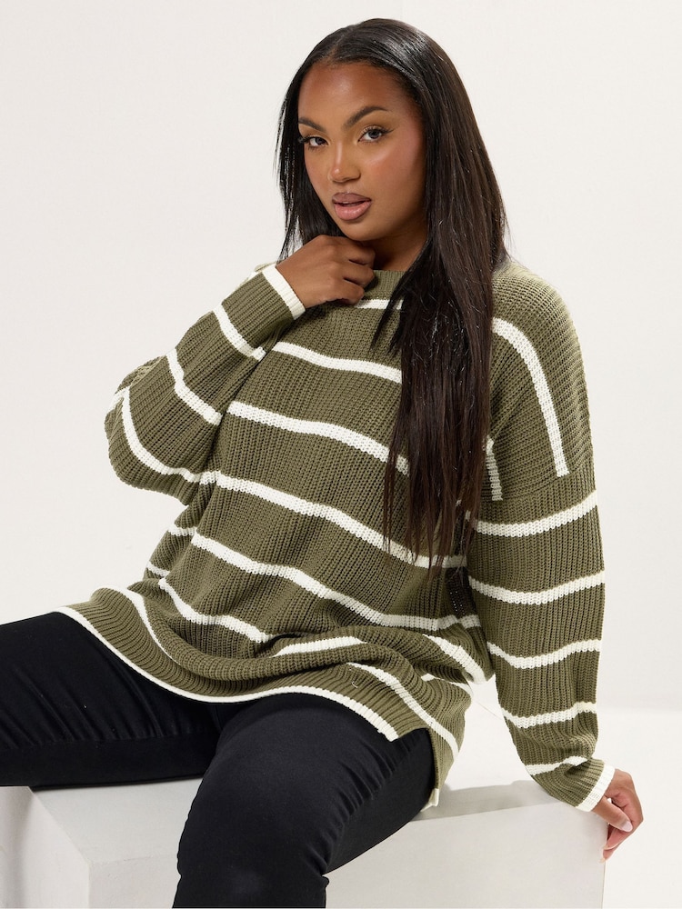 Yours Curve Green Drop Shoulder Stripe Jumper - Image 1 of 5