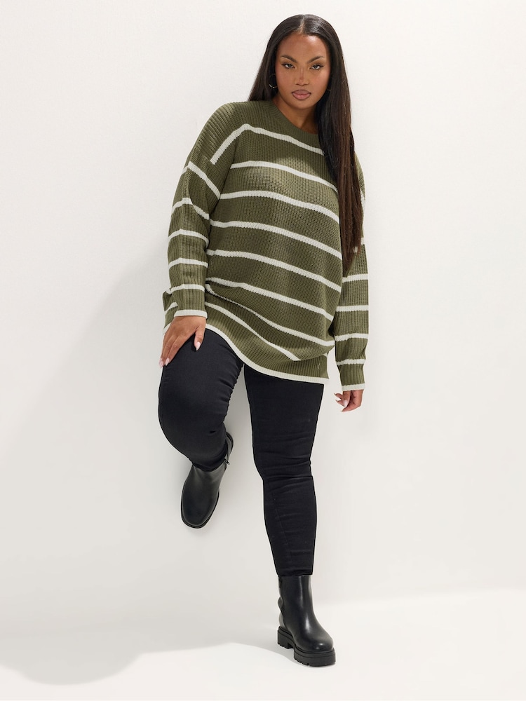 Yours Curve Green Drop Shoulder Stripe Jumper - Image 2 of 5