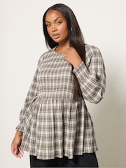 Yours Curve Grey Shirred Textured Check Top - Image 1 of 5
