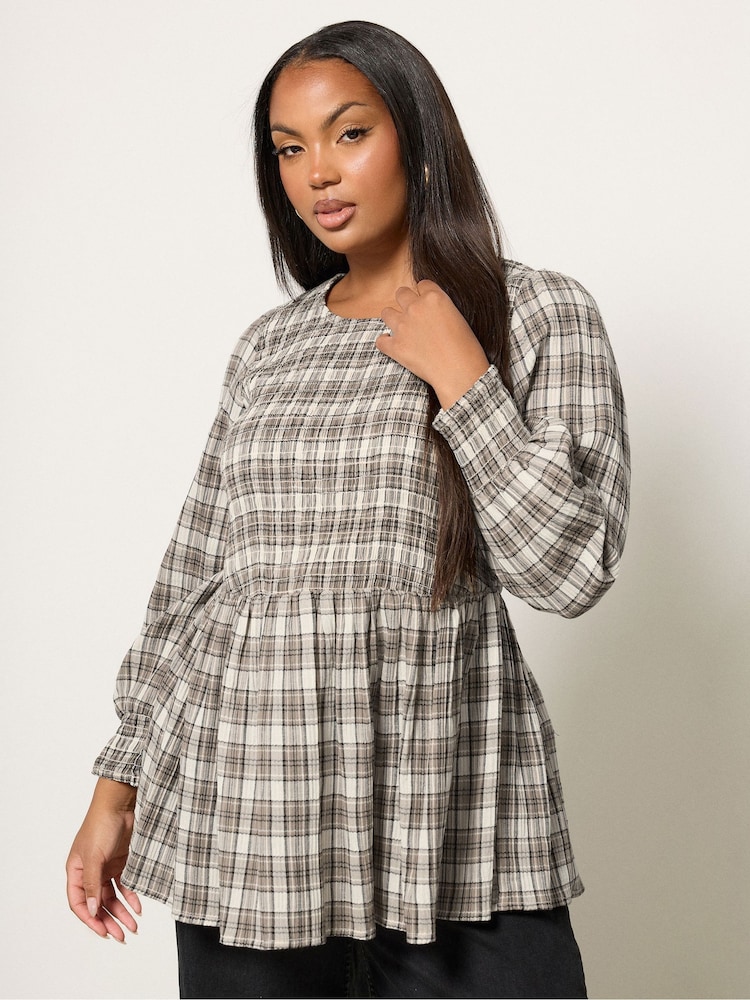 Yours Curve Grey Shirred Textured Check Top - Image 1 of 5