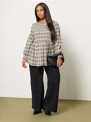 Yours Curve Grey Shirred Textured Check Top - Image 2 of 5